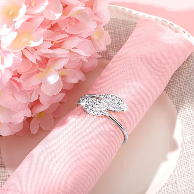 Hotop 150 Pcs Silver Holiday Napkin Rings Set Silver Bling Winter Napkin Rings Bulk Metal Leaves Holders Rhinestone Buckle for Wedding Christmas Dinner Gather Party Prom Table Decoration