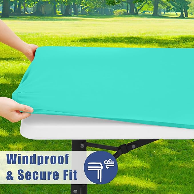 Spandex 8 Foot Rectangle Table Cloth 2 Pack, Elastic Fitted Tablecloths for Picnic, Stretch Washable Patio Table Cover for Outdoor, Camping, Banquet and Parties(Aqua Blue, 30"x96")