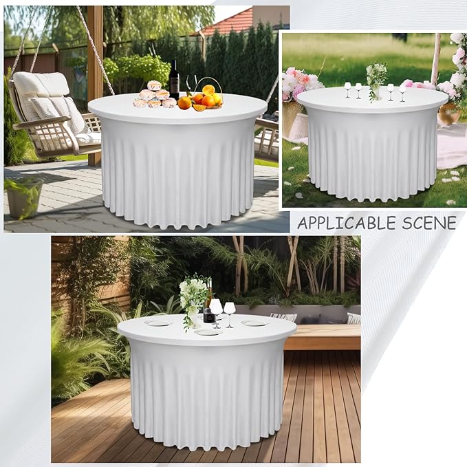 2 Pack White Round Table Skirt, 60 Inch Diameter x 30 Inch Height, Stretch Polyester Spandex Tablecloth for 5ft Round Tables, Stain & Wrinkle Resistant for Wedding, Banquet Decor