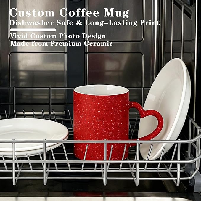 Custom Color Changing Mug,Personalized Photo Logo Text Print,Hidden Image Shows with Hot Drinks,Heart Shaped Handle Ceramic Coffee Cup,Home Office,for Valentine's Day (Red Starry)