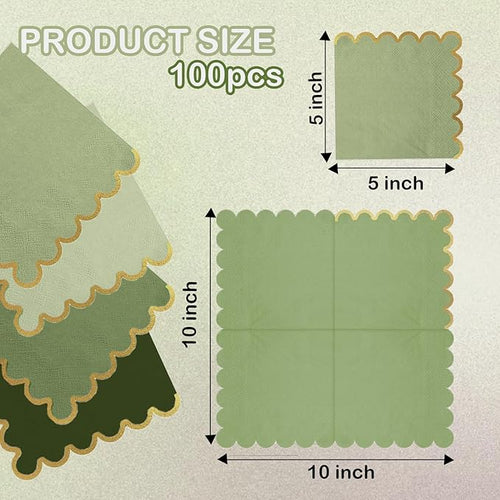 100 pack Green Cocktail Napkins with Gold Foil Accents Scalloped Edges 5 x 5 inch Beverage Disposable Napkin Party Decoration Wedding Bridal and Baby Shower Dinner Lunch Supplies