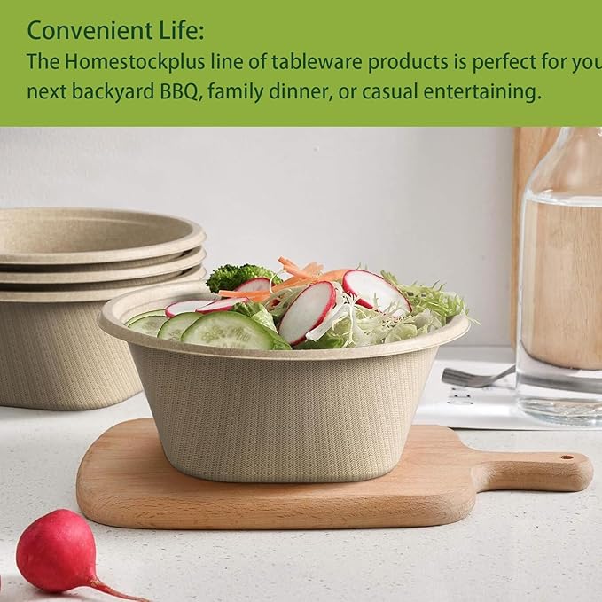 Homestockplus 48 Oz Disposable Bowls - Heavy Duty and Compostable Bowl - Made from Sugarcane and Bamboo Fibers, Microwave Safe - Large Paper Bowl for Soup, Salad, Ramen, Popcorn, etc. [50 Pack]