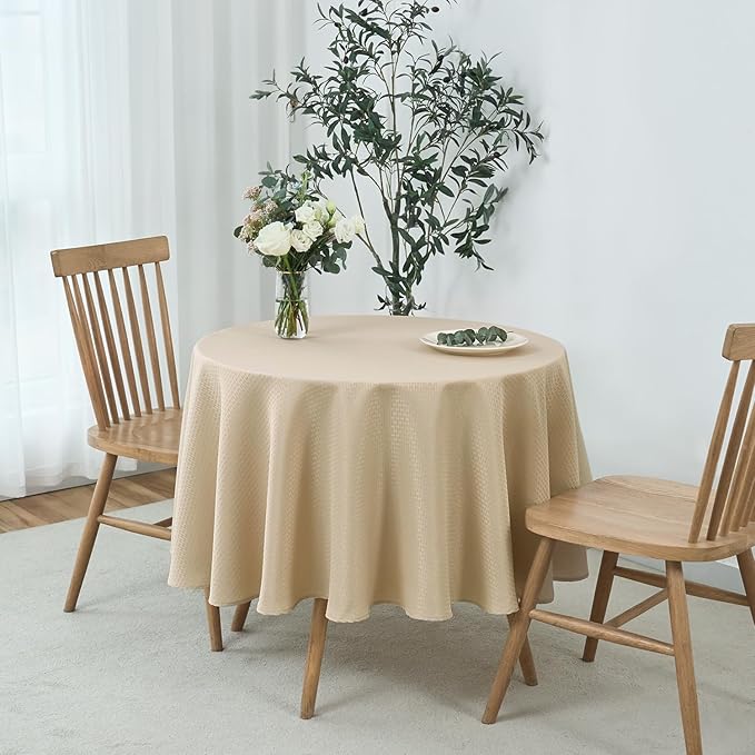 maxmill Round Weaved Texture Design Tablecloth Spill-Proof Wrinkle Free Soft Washable Table Cloth for Circular Table Cover, for Dining Room Buffet Banquet Parties Holiday Dinner, 70 Inch Natural