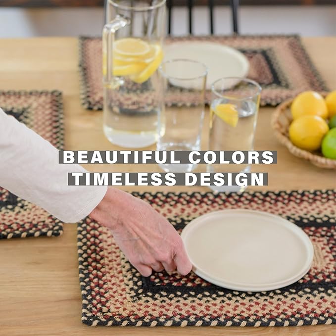 Homespice Primitive Star Gloucester Jute Braided Oval Placemats, Warm Primitive Decor, Set of 6, 13x19 Black and Red Table Mats - Vibrant Colors, Durable, Easy to Clean and Protects Furniture