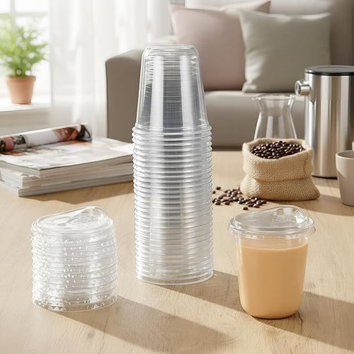 100 Sets 12 oz Clear Plastic Cups with Strawless Sip Lids, Thickened Clear Disposable Plastic Pet Crystal Cups for Iced Coffee, Smoothie, Cold Beverage, Drink Shops and Party Catering