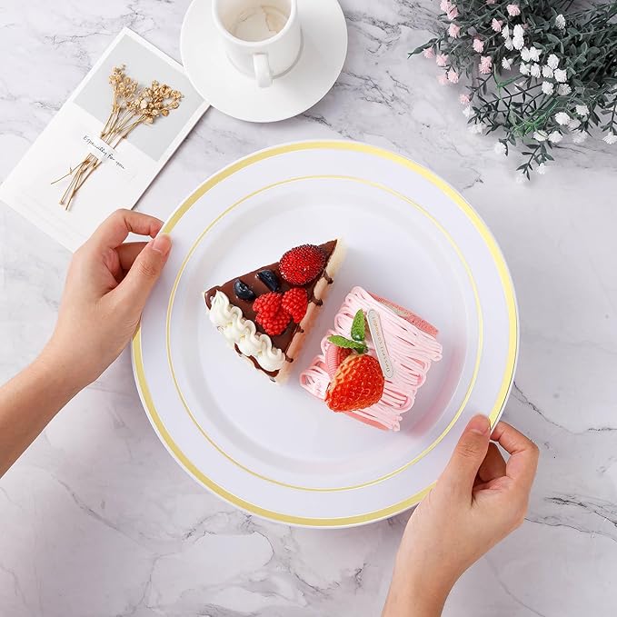 BESTVIP 100PCS Gold Plastic Plates, 10.25 Inch Disposable Dinner Plate Party with Gold Rim for Christmas, Thanksgiving, Heavy Duty Disposable Plastic Plates for Party, Wedding and Birthday, Events