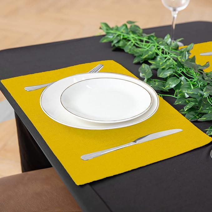 Linen Fabric Placemats Set of 4, Machine Washable, Heat Resistant, Wrinkle Free, Thick Polyester Kitchen Place Mats for Dining Table (Yellow)