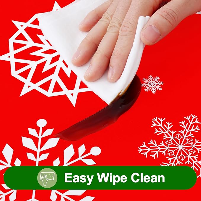 Smiry Plastic Christmas Tablecloth, Snowflake Waterproof Elastic Fitted Table Covers, Wipeable Flannel Backed Vinyl Tablecloths for Christmas Dinner, and New Year Celebration (Red, 30x96 Inches)
