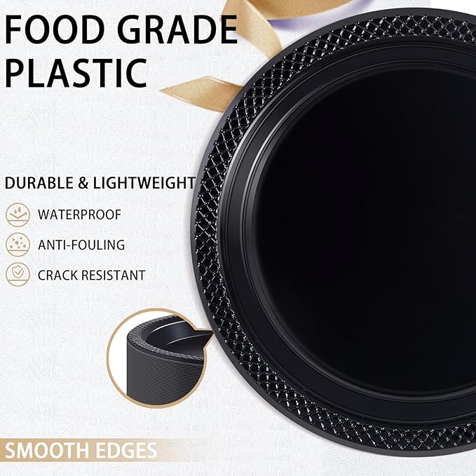 WELLIFE Black Plastic Plates 9 Inch -150 Count for Party, Plastic Disposable Dinner Plates for Halloween Picnic BBQ