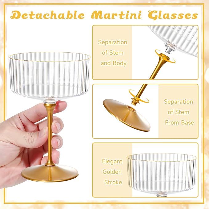 XUWAIDSGN 24 Pcs Champagne Martini Glasses 9 Oz with Gilded Removable Gold Rim Coupe Glasses Pink Martini Glasses Plastic Mimosa Vintage Coupe Glasses Set For Wedding Anniversary (24, Ribbed Gold)