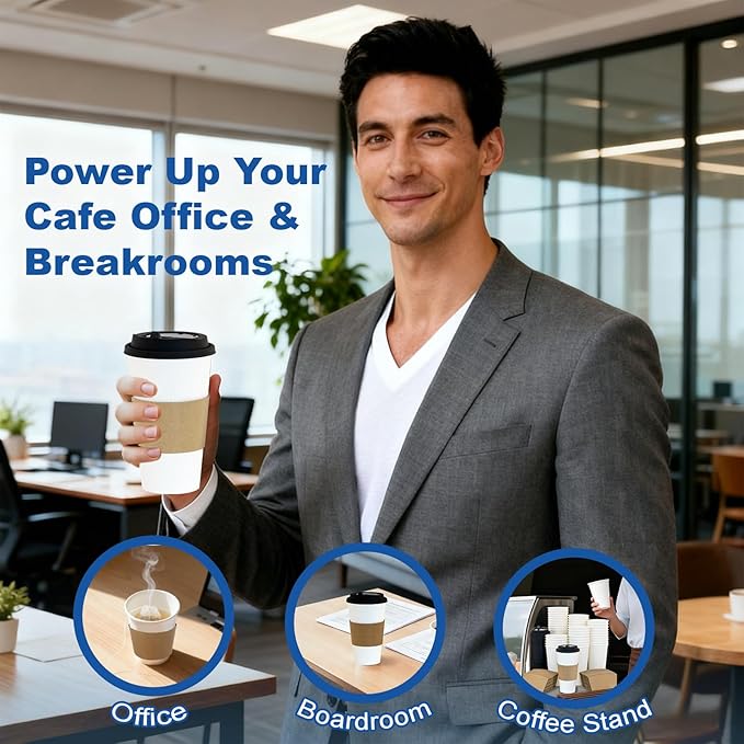 16 oz 100 Pack Coffee Cups with Lids and Sleeves, Straws, Hot Disposable To Go Travel Paper Cups Bulk for Office, Home Coffee Bar Accessories, Chocolate, Cocoa, Beverage (White)