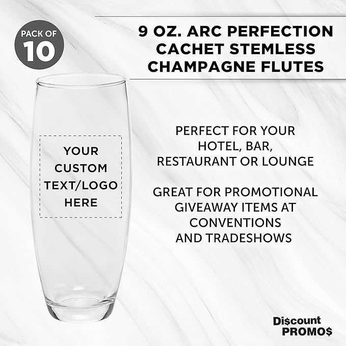 DISCOUNT PROMOS 10 ARC Stemless Champagne Flutes Set, 9 oz. - Customizable Text, Logo - Cachet, Glassware, Cocktails - Clear