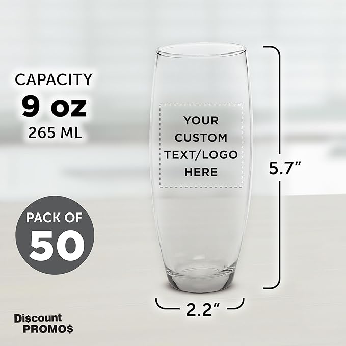 DISCOUNT PROMOS 50 ARC Stemless Champagne Flutes Set, 9 oz. - Customizable Text, Logo - Cachet, Glassware, Cocktails - Clear
