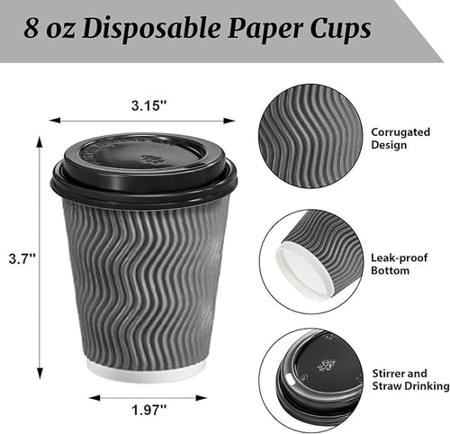100 Pack 8 oz Disposable Coffee Cups with Lids, Insulated Ripple Wall To-Go Paper Coffee Cups Suitable for Chocolate Cocoa and Hot/Cold Drinks (Grey)