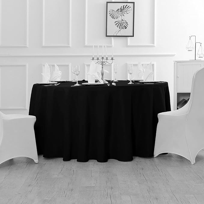 Fokitut 6 Pack Round Tablecloth, 132 Inch, Stain Resistant and Wrinkle Polyester Table Cloth, Fabric Table Cover for Kitchen Dining, Wedding, Party, Holiday Dinner-Black