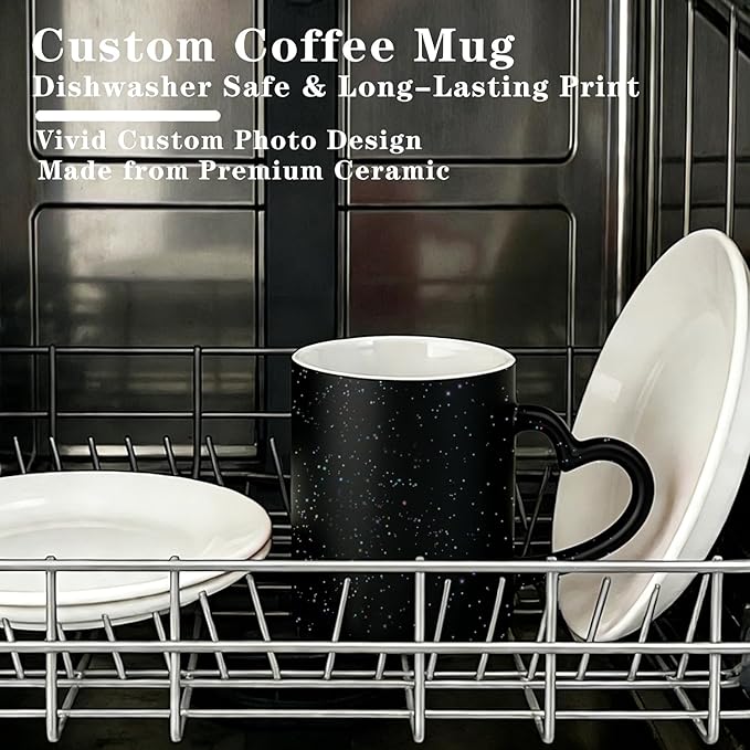 Custom Color Changing Mug,Personalized Photo Logo Text Print,Hidden Image Shows with Hot Drinks,Heart Shaped Handle Ceramic Coffee Cup,Home Office,for Valentine's Day (Black Starry)