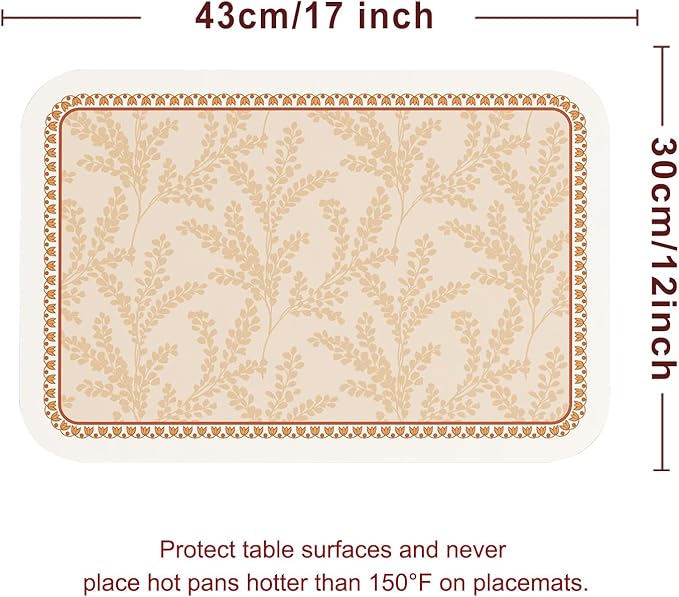 ISAENNE Skin Colour PVC Placemats Set of 6,Rectangular Floral Placemats,Waterproof and Heat-Resistant Branch Leave Pattern,Decoration for Kitchen,Dinning,Parties, Holiday,12"*17"