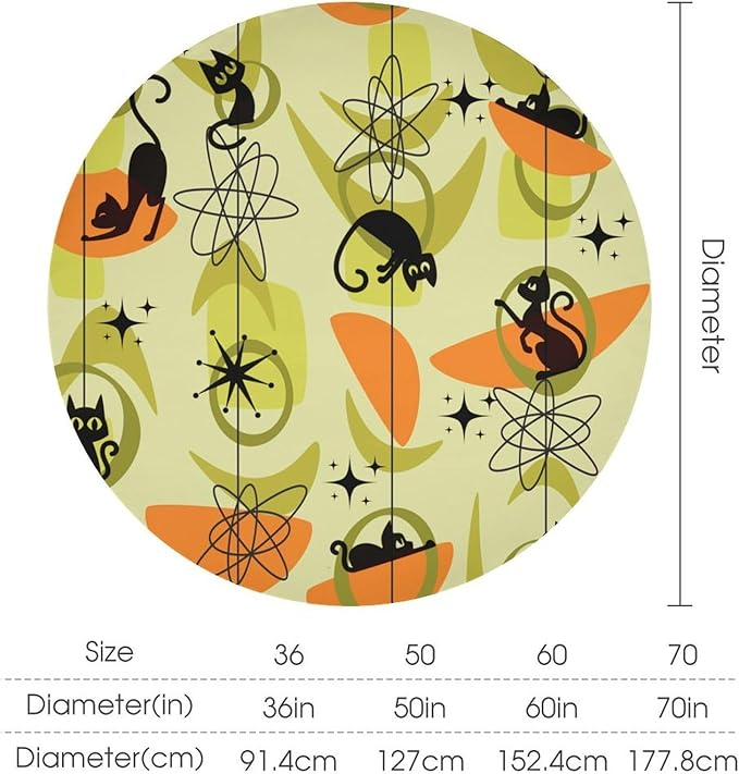 Mid Century Black Cat Round Tablecloth, Vintage Modern Bohemian Abstract Geometric Retro Art Tablecloth for Home Party Dining Room Kitchen Decor 70Inch(178cm)