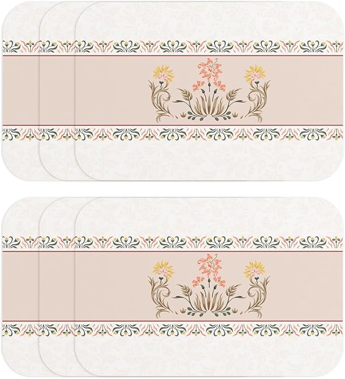 ISAENNE Floral Placemats Set of 6,Brown Rectangular PVC Placemats, Waterproof and Heat-Resistant British Style.Decoration for Kitchen, Dining, Parties, Holiday,12"*17"