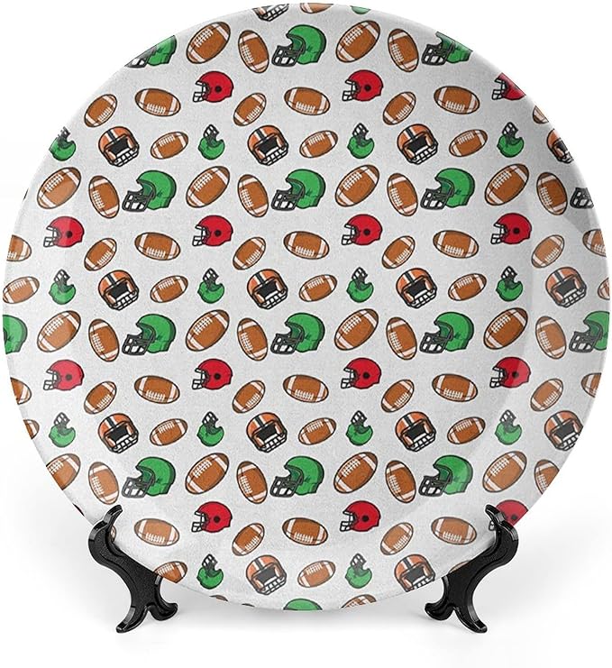 Ceramic Plates, American Football Decorative Ceramic Plates, Cartoon Style Rugby Icons Balls American, 8 Inch, for Dining, Parties, Wedding, Multicolor