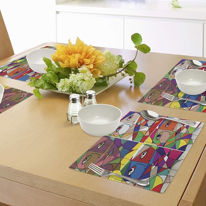 Ambesonne Abstract Place Mats Set of 4, Abstract Woman Face Illustration Behind Stained Glass Styled Human Facial Feature, Washable Fabric Placemats for Dining Room Kitchen Table Decor, Magenta Blue