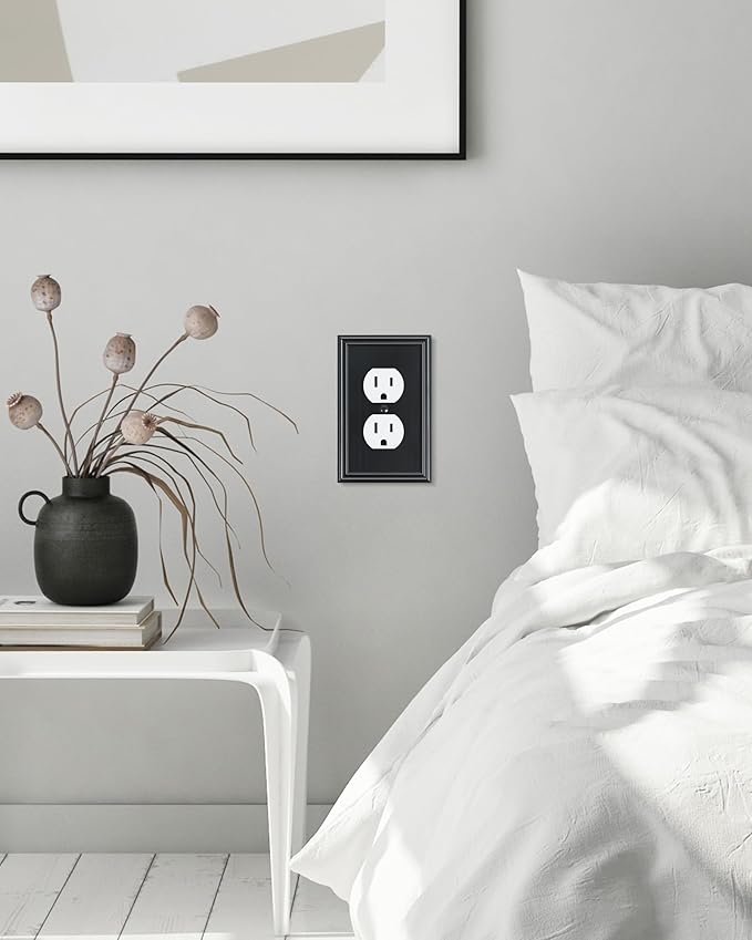 2-Pack Single Duplex Outlet Cover Plate, Decorative Black Switch Plates and Outlet Covers, Metal Wall Plates for Electrical Outlets, 1 Gang Receptacle Cover, Corrosion Resistant