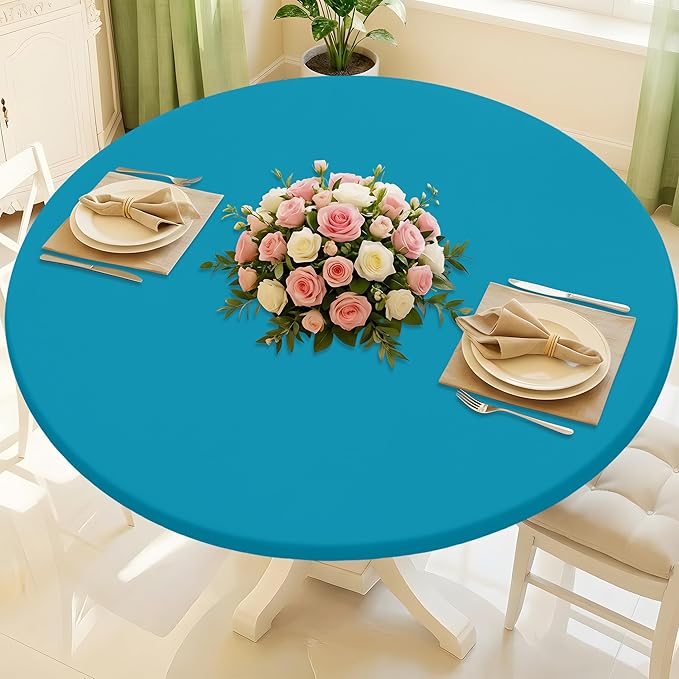 Round Spandex Tablecloth, Elastic Fitted Waterproof Tablecloths for 42"-50" Tables, Stretch Washable Picnic Table Cover for Camping, Dining, Indoor and Outdoor, Turquoise