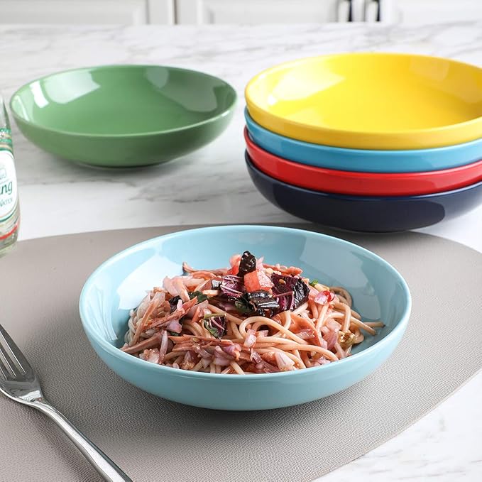 Selamica Ceramic 7.8 inch pasta bowls, 26 Ounce large serving porcelain salad soup bowls, dishwasher microwave safe, set of 6(Multi-color)