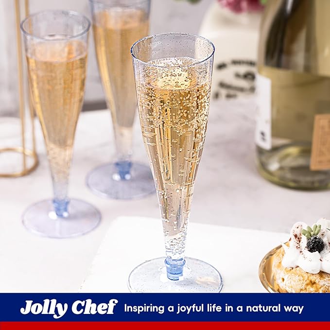 JOLLY CHEF 100 Pack Plastic Champagne Flutes Disposable 4.5 oz Blue Glitter Plastic Champagne Glasses Suitable for Wedding, Thanksgiving Day, Christmas