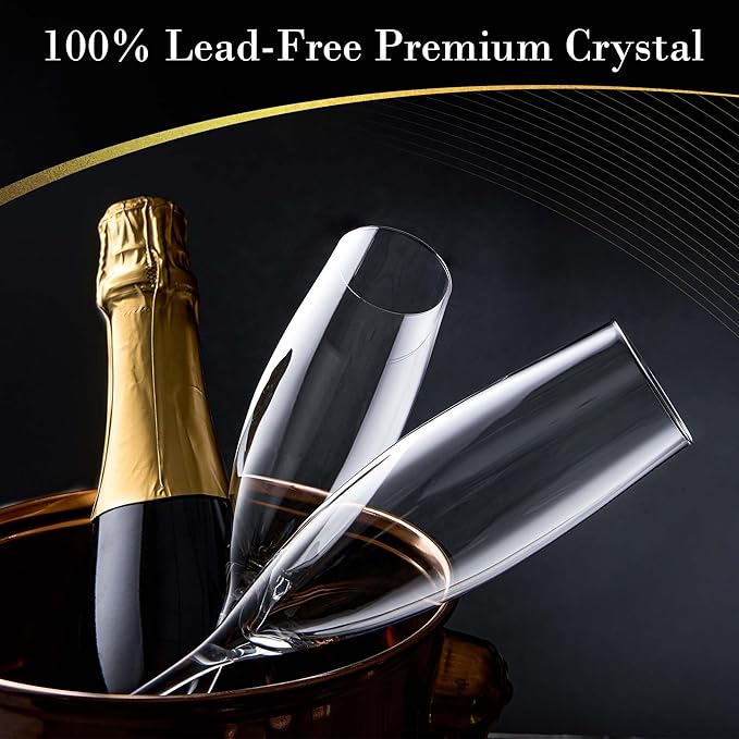 JBHO Champagne Glasses-Elegant Flutes-Gift-Box-Hand Blown Champagne Flutes Glass-100% Lead-Free Premium Crystal - Gift Idea for Wedding, Anniversary, Christmas,New Year-Set of 4-8oz, Clear