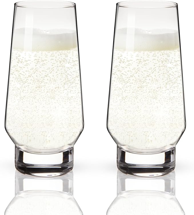 Viski Weighted Stemless Champagne Flutes - Modern Crystal Wine Martini Mimosa Cocktail Glasses Round Footed Base, Bar Fluted Glassware, Housewarming Wedding Champagne Gift - Set of 2, 9.5oz, Clear