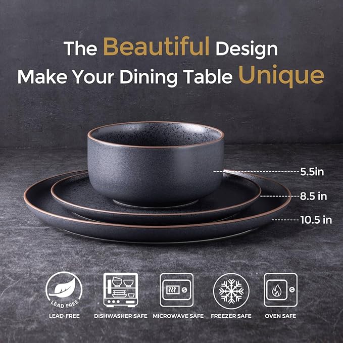 LERATIO Stoneware Dinnerware Sets for 6,Handcarft Ceramic Plates and Bowls Sets,Chip and Scratch Resistant Dishes, Dishwasher & Microwave Safe, Oven safe,Reactive Glaze-Speckled Ashen