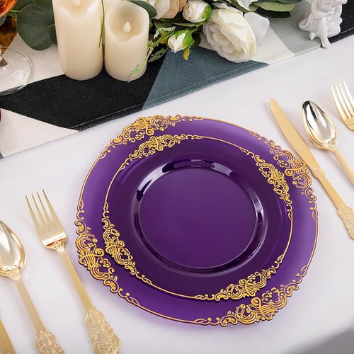 102PCS Purple and Gold Plastic Plates - High End Purple Disposable Plate - Vintage Dinner & Dessert Plates for 51 Guests Birthday Party & Mardi Gras & Wedding