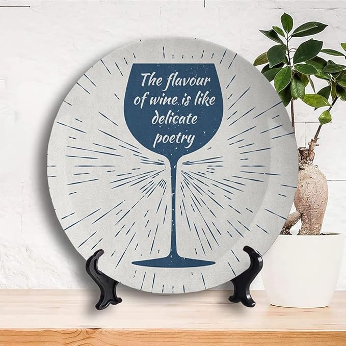 Ceramic Display Plate, Wine Ceramic Hanging Decorative Plate, Wine Glass and Vintage Sun Burst Frame, 6 Inch, Living Room Kitchen Decoration Household, Night Blue White