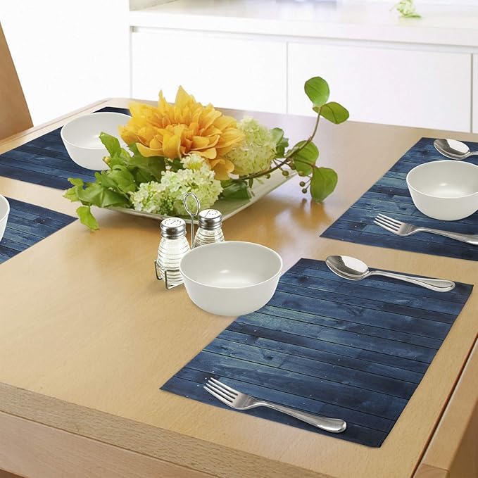 Ambesonne Dark Blue Place Mats Set of 4, Wooden Planks Texture Image Board Floor Wall Lumber Rustic Country Life, Washable Fabric Placemats for Dining Room Kitchen Table Decor, Pale Blue Dark Blue