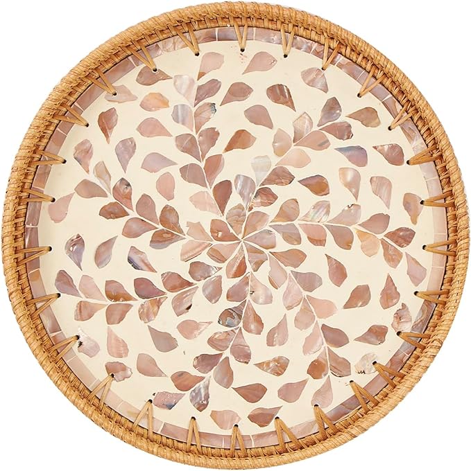 Round Rattan Tray with Mother of Pearl Inlay, Rattan Serving Tray with Wooden Base, Decorative Wicker Basket for Table Decor, Storage and Display of Coffee Bread Food Fruit (Wicker)