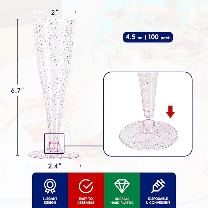 JOLLY CHEF 100 Pack Plastic Champagne Flutes Disposable 4.5 oz Purple Glitter Plastic Champagne Glasses Suitable for Wedding, Thanksgiving Day, Christmas