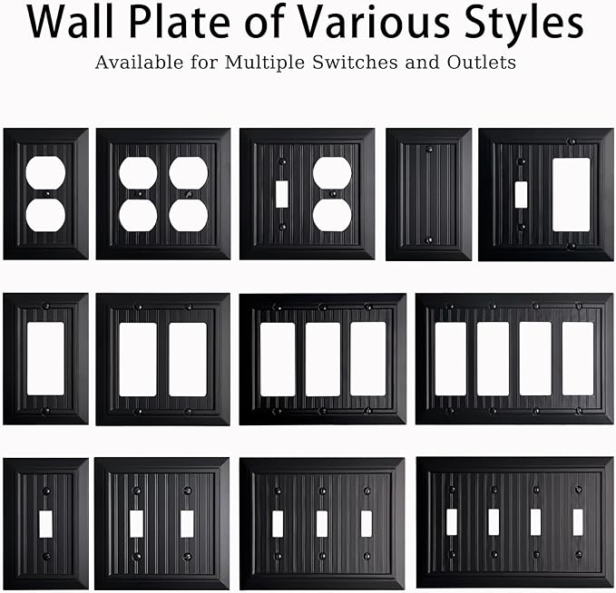 Beadboard Outlet Covers Wall Plates, Bamboo Fiber Light Switch Covers, Natural Material Electric Receptacle Decorative Switch Plate Outlet Cover Matte Black (1 Gang Blank 4 Pack)