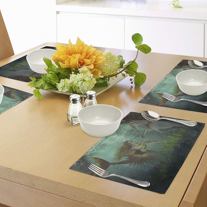 Ambesonne Mermaid Place Mats Set of 4, Mermaid Meets Seahorse Underwater World Fantasy Design, Washable Fabric Placemats for Dining Table, Standard Size, Green Aqua