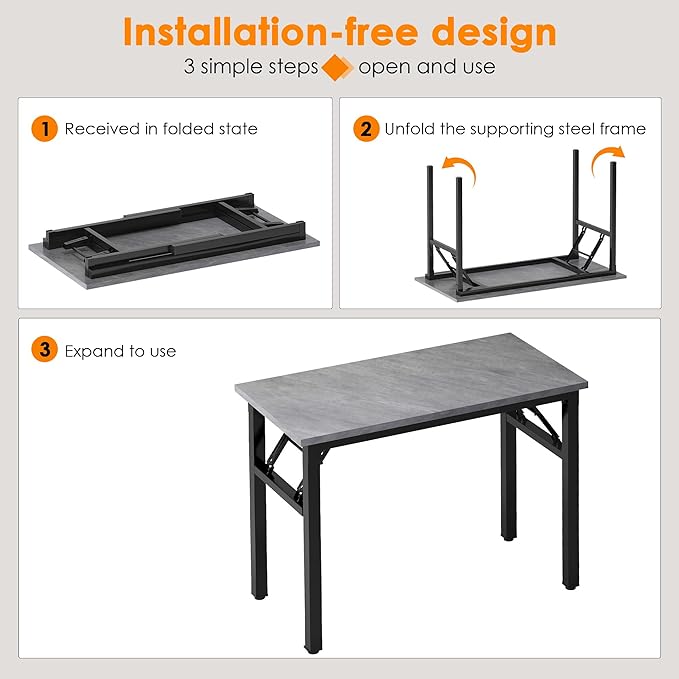 Need 31.5 Inch Folding Desk for Small Spaces, Home Office Computer Desk with Grey Wood Top & Black Frame, Foldable Writing Table for Study, Bedroom, Dorm Room & Student