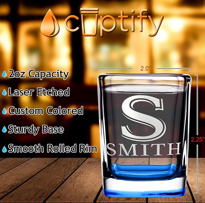 Personalized Square Shot Glasses Set of 8 Blue Bottom 2oz Engraved Initial and Name Custom Gifts, Weddings, Birthdays, Party, Event, Decorations