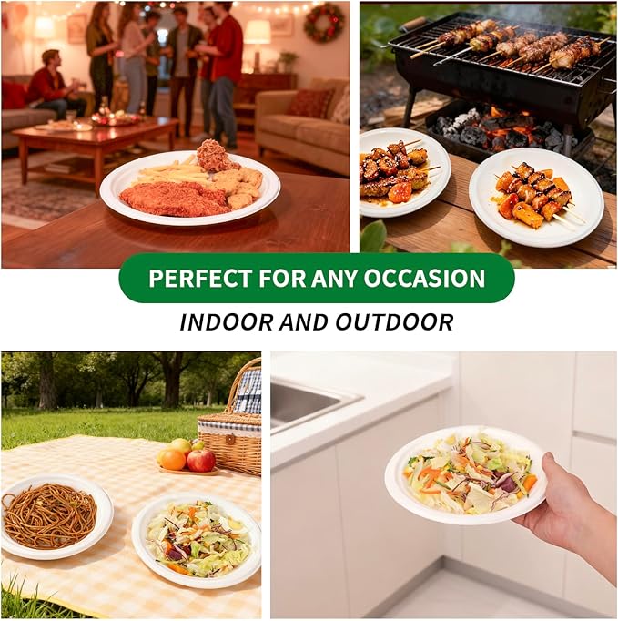 Aricsen 150 Pack 7 Inch Compostable Disposable Round Paper Plates, Natural White Biodegradable Sugarcane Bagasse PFAS-Free Eco-Friendly Dinner Plates for Party Wedding Picnic BBQ (150, 7 INCH)
