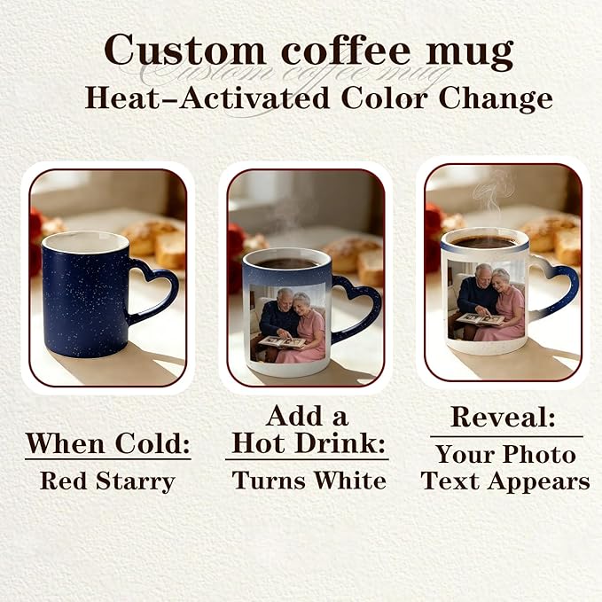 Custom Color Changing Mug,Personalized Photo Logo Text Print,Hidden Image Shows with Hot Drinks,Heart Shaped Handle Ceramic Coffee Cup,Home Office,for Valentine's Day (Dark Blue Starry)