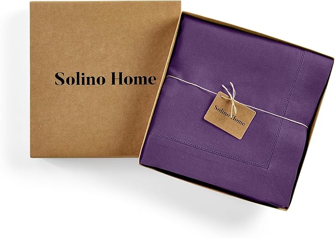 Solino Home Linen Tablecloth for Rectangle Tables 60 x 156 Inch - Classic Hemstitch 100% Pure Linen Purple Table Cloth - Machine Washable Cloth Tablecloth for Valentines, Spring, Easter