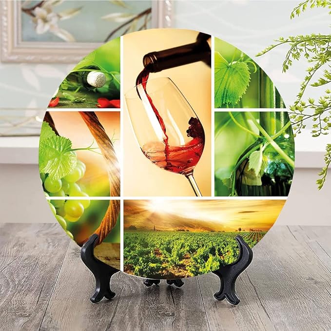 Decorative Plates, Wine Print Ornament, Wine Tasting and Grapevine Collage Green Fresh, 10 Inch, Kitchen Wall Decor, Green Ruby Caramel