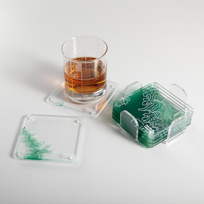 Deer Valley, UT 3D Contour Map Glass Drink Coasters of Mountains, Ski Resort, Set of 6 with Holder, Housewarming Birthday Gifts, Home Decor