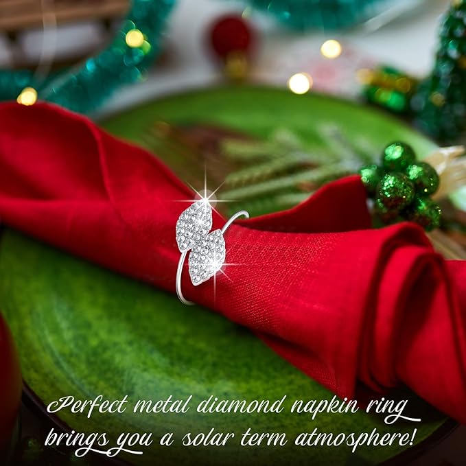 Hotop 48 Pcs Silver Holiday Napkin Rings Set Silver Bling Winter Napkin Rings Bulk Metal Leaves Holders Rhinestone Buckle for Wedding Christmas Dinner Gather Party Prom Table Decoration