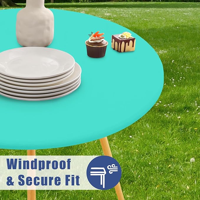 Round Spandex Tablecloth, Elastic Fitted Waterproof Tablecloths for 36"-44" Tables, Stretch Washable Picnic Table Cover for Camping, Dining, Indoor and Outdoor,Aqua Blue
