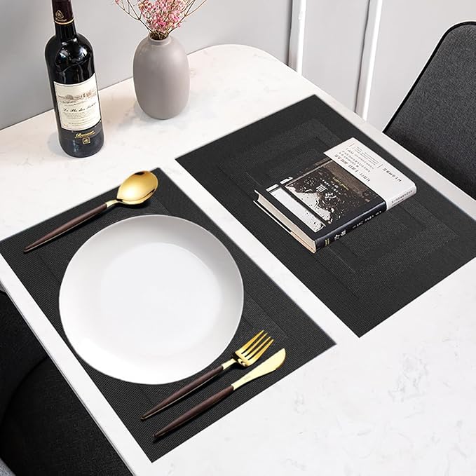 PIGCHCY Placemats,Washable Vinyl Woven Table Mats,Elegant Durable Placemats for Dining Table Set of 4 (18 x 12 inches, Pure Black)