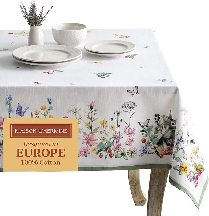 Maison d' Hermine Table Cloth Rectangle Table 100% Cotton 60 x 108 Inches Tablecloth Reusable Decorative for Dining Room Farmhouse Home Valentines Day Decorations Spring Summer - Printemps